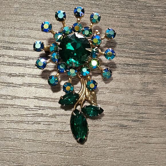 Vintage Green AB Rhinestone Flower Brooch with Navette Leaves - Picture 6 of 6